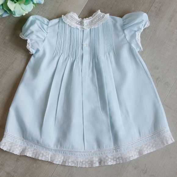 RARE Blue Heirloom Dress & Slip Newborn to 3 Month Feltman Brothers Vintage Lace - Picture 6 of 10